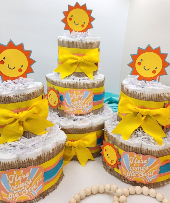 3 Tier Diaper Cake 3 piece set - Here Comes the Son Theme - Turquoise Coral Yellow and Burlap with Sunshine Summer Baby Shower Centerpiece