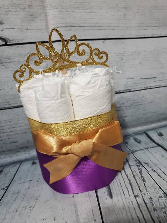 Mini Diaper Cake - Purple and Gold Princess Theme Diaper Cake for Baby Shower Center / Girl Diaper Cake /Personalized Gift