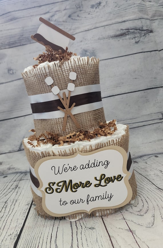 2 Tier Diaper Cake - S'More Love Theme - Chocolate Brown Marshmallow Smore with Burlap Campfire Baby Shower Centerpiece