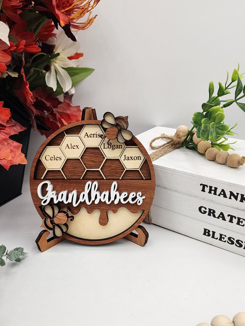 Personalized Bee Hive Family Tree Plaque, Custom Bee Family Gift For Grandma Grandbabees Sign, Mothers Day Gift Grandparents Gift Home Decor Round 5"