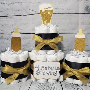 2 Tier Diaper Cake and mini 3 piece set - A Baby is Brewing Theme - Black and Gold Baby Bottle Baby Shower Centerpiece and Pink and Blue