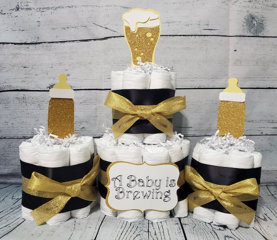 2 Tier Diaper Cake and mini 3 piece set - A Baby is Brewing Theme - Black and Gold Baby Bottle Baby Shower Centerpiece and Pink and Blue