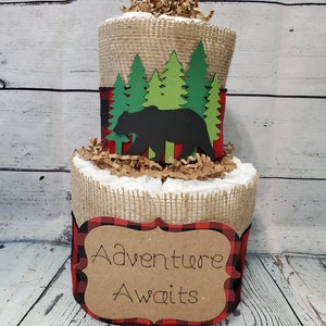 2 Tier Diaper Cake and mini 3 piece set Adventure Awaits Woodland Theme Red Black Buffalo Check Bear and Deer Baby Shower Centerpiece image 3