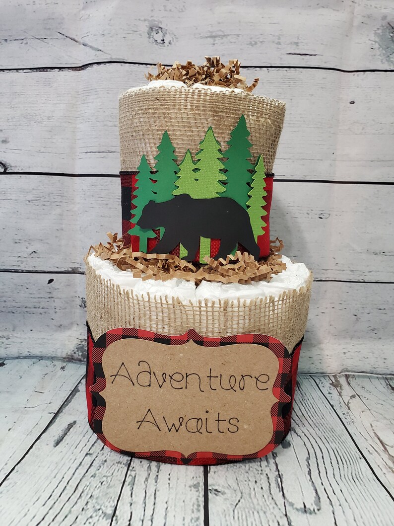 2 Tier Diaper Cake and mini 3 piece set Adventure Awaits Woodland Theme Red Black Buffalo Check Bear and Deer Baby Shower Centerpiece image 3