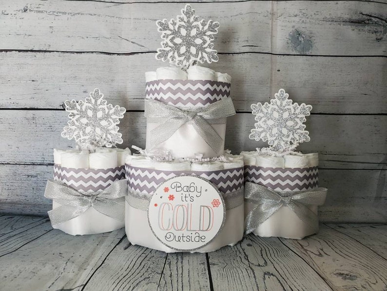 2 Tier Diaper Cake and mini 3 piece set Baby it's Cold Outside Theme Silver Snowflakes Red Blue Pink Winter Theme Baby Shower White/Silver