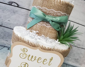 Eucalyptus Succulent Diaper Cake: Burlap Baby Shower Centerpiece