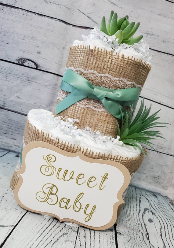 2 Tier Diaper Cake - Succulent theme Eucalyptus Green with Burlap Diaper Cake for Baby Shower / Neutral Shower Centerpiece / Customized Cake