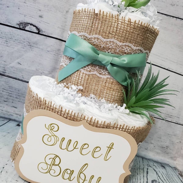 2 Tier Diaper Cake - Succulent theme Eucalyptus Green with Burlap Diaper Cake for Baby Shower / Neutral Shower Centerpiece / Customized Cake