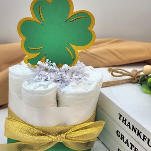 Mini Diaper Cake A Lucky Little Shamrock is on the Way Theme Green and Gold Clovers Baby Shower Centerpiece image 4