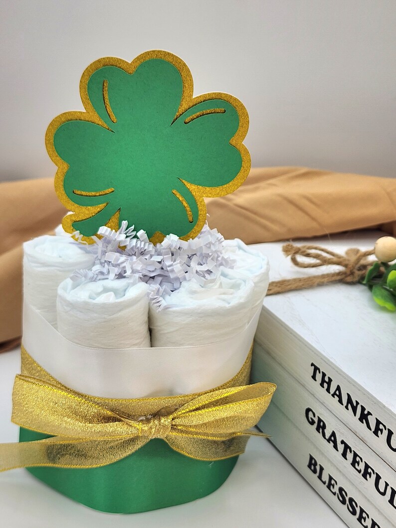 Mini Diaper Cake A Lucky Little Shamrock is on the Way Theme Green and Gold Clovers Baby Shower Centerpiece image 4