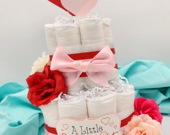 2 Tier Diaper Cake - A Little Sweetheart is on the Way Valentines with Red Pink and White with Hearts Baby Shower Centerpiece