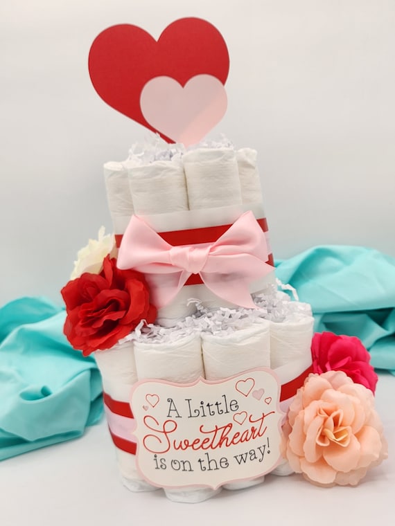 2 Tier Diaper Cake - A Little Sweetheart is on the Way Valentines with Red Pink and White with Hearts Baby Shower Centerpiece