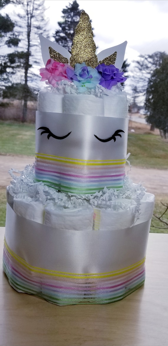 2 Tier Diaper Cake Unicorn Diaper Cake - Sleepy Unicorn Baby Shower - Silver Gold Rainbow Diaper Cake - Pastel Rainbow Diaper Cake White