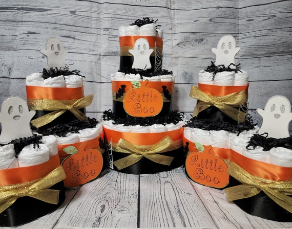 3 Tier Diaper Cake 5 piece set - Little Boo Pumpkin Theme - Gold Black and Orange Ghost Spiderweb Bats Halloween Baby Shower Centerpiece