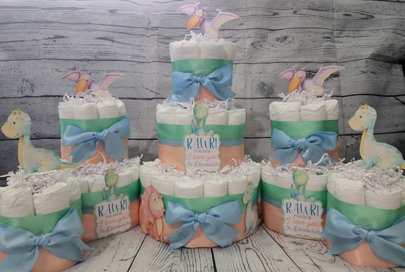 3 Tier Diaper Cake 5 piece set - Dinosaur Theme - Blue and Green Peach Dino Baby Shower Centerpiece Virtual Baby Shower RAWR Means Love