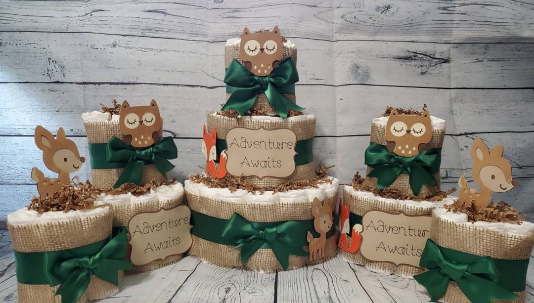Woodland Diaper Cake Set: Adventure Awaits Baby Shower Centerpiece - Etsy