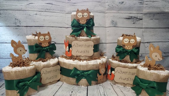 3 Tier Diaper Cake 5 piece set - Adventure Awaits Woodland Theme - Green and Brown Fox Deer Owl Baby Shower Centerpiece Virtual Baby Shower
