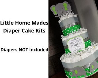 Elephant Diaper Cake Kit for Baby Gender Neutral Baby Shower / Green and Silver / DIY elephant ribbon cutout kit - Diapers Not Included