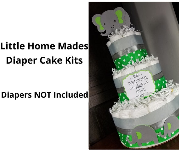 Elephant Diaper Cake Kit for Baby Gender Neutral Baby Shower / Green and Silver / DIY elephant ribbon cutout kit - Diapers Not Included