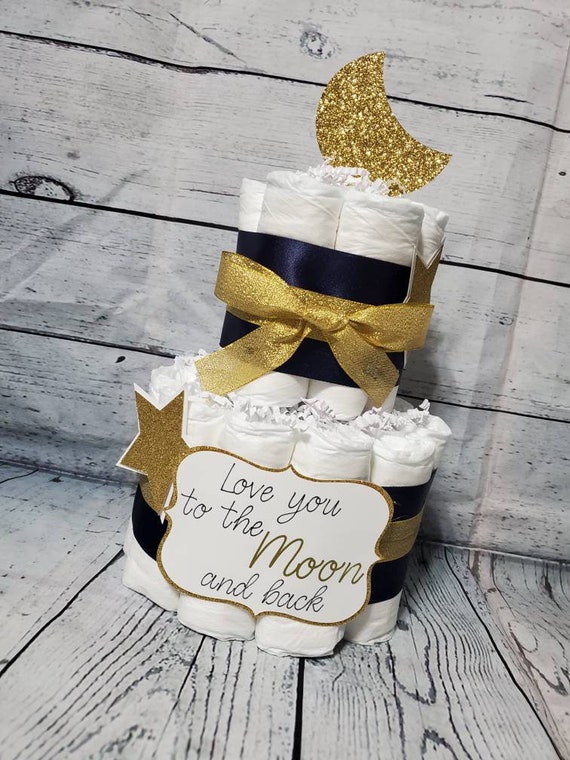 2 Tier Diaper Cake - Love you to the moon and Back Theme Burlap Navy and Gold Silver Moon and Stars Baby Shower Centerpiece