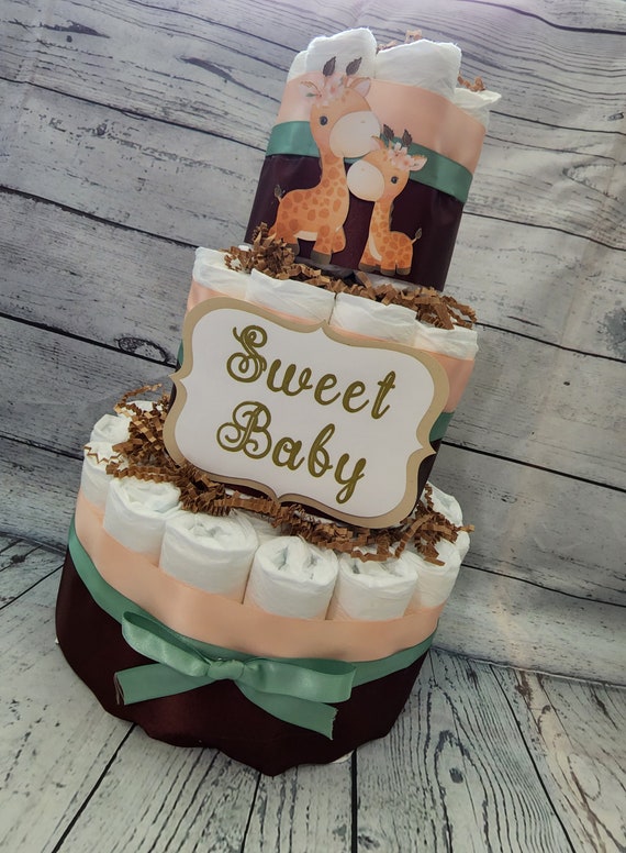 3 Tier Diaper Cake - Giraffe with Peach Brown and Sage Green Diaper Cake for Baby Shower / Sweet Baby Neutral Shower Centerpiece