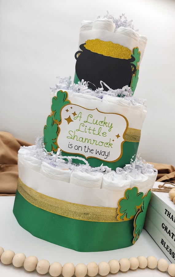 3 Tier Diaper Cake -  A Lucky Little Shamrock is on the Way! Theme - Green and Gold Clovers Pot of Gold Baby Shower Centerpiece