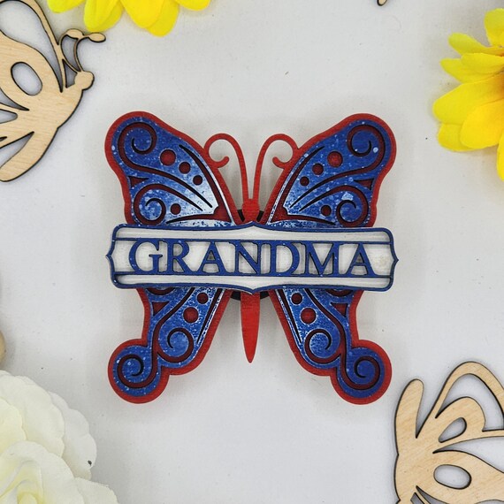 Grandma Butterfly Car Vent Clip with Diffuser foam pad Red White Blue - Simple Gifts, 3" Wood decor, Mothers Day Gift Grandparents Gift Home