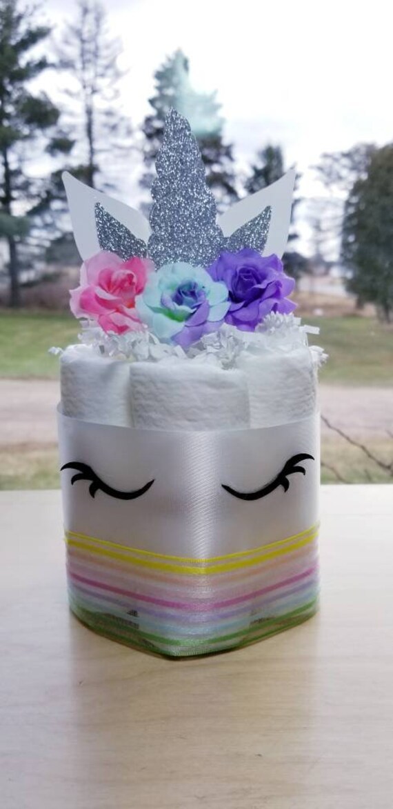 Mini Diaper Cake Unicorn Diaper Cake - Sleepy Unicorn Baby Shower - Silver Gold Rainbow Diaper Cake - Pastel Rainbow Diaper Cake White