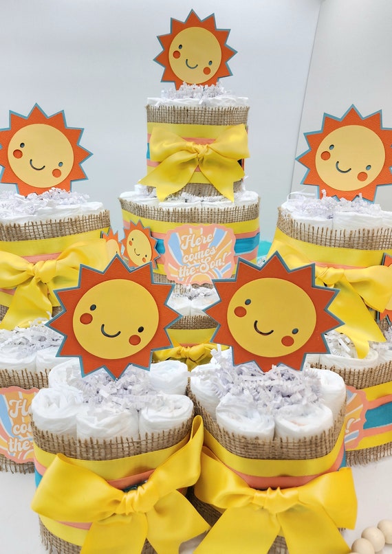 3 Tier Diaper Cake 5 piece set - Here Comes the Son Theme, Yellow, Coral and Blue Baby Shower Centerpiece Virtual Baby Shower