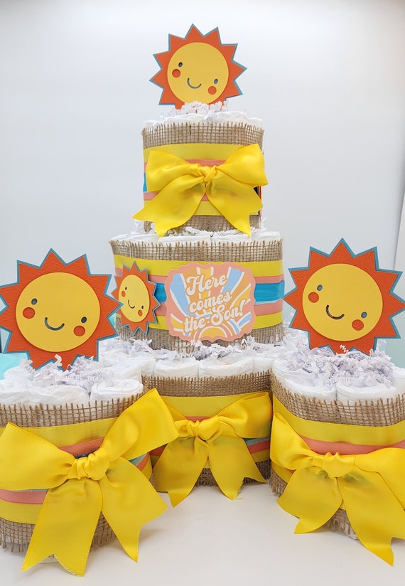 3 Tier Diaper Cake and mini 3 piece set - Here Comes the Son Theme - Turquoise Coral Yellow and Burlap with Sunshine Baby Shower Centerpiece