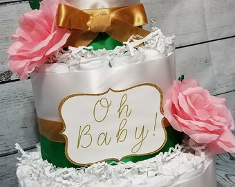 Floral Boho Greenery Oh Baby! Baby Shower Diaper Cake for Baby Girl Simple 3 Tier Diaper Cake / Spring Summer Flower Diaper Cake Green Gold
