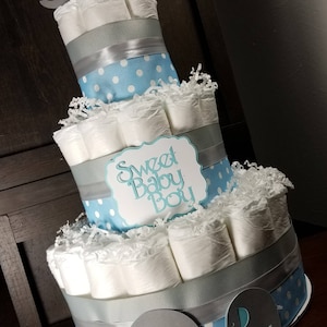3 Tier Diaper Cake Blue Elephants with Blue and Silver Chevron with Hearts 