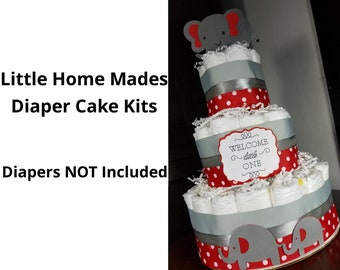 Elephant Diaper Cake Kit for Baby Gender Neutral Baby Shower / Red and Silver / DIY elephant ribbon cutout kit - Diapers Not Included