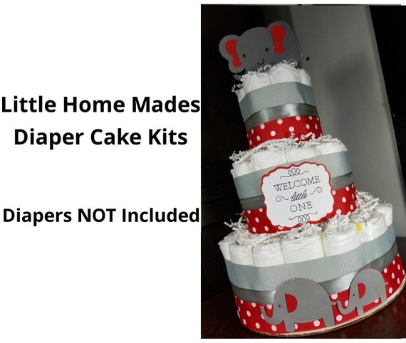 Elephant Diaper Cake Kit for Baby Gender Neutral Baby Shower / Red and Silver / DIY elephant ribbon cutout kit - Diapers Not Included