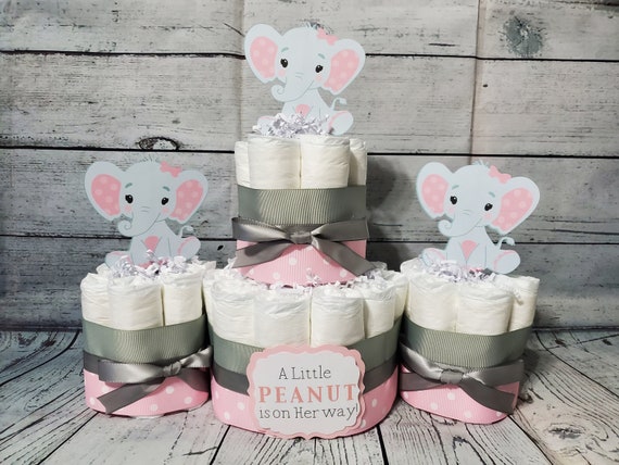 Little Peanut Elephant - 2 Tier Diaper Cake and mini 3 piece set - Pink and Gray Blue Yellow Eucalyptus Green Elephant Baby Shower Virtual