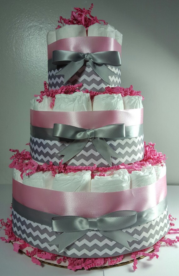 Red Silver//White Chevron Baby Shower Centerpiece 3 Tier Diaper Cake