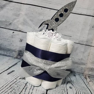 Mini Diaper Cake - Welcome to World Outer Space Theme Burlap Navy and Silver Rockets Baby Shower Centerpiece