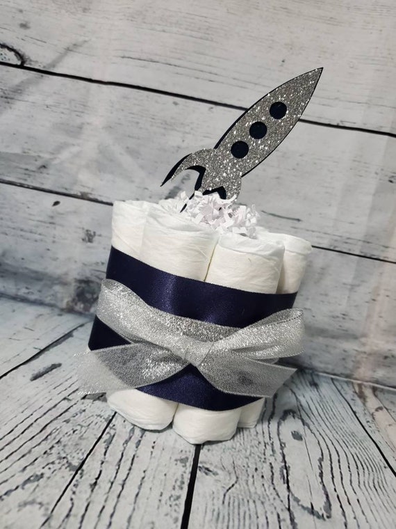 Mini Diaper Cake - Welcome to World Outer Space Theme Burlap Navy and Silver Rockets Baby Shower Centerpiece