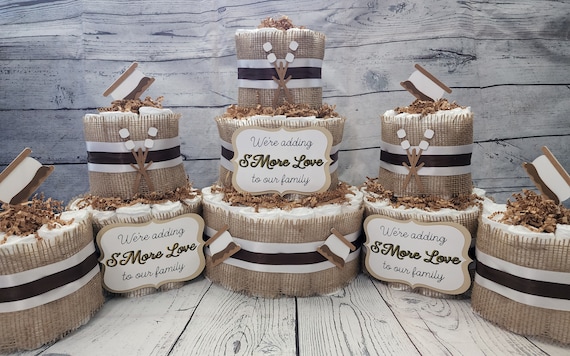3 Tier Diaper Cake 5 piece set - S'More Love Theme - Chocolate Brown Marshmallow Smore with Burlap Campfire Baby Shower Centerpiece