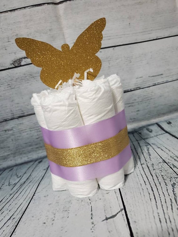 Mini Diaper Cake Butterfly Kisses and Baby Wishes Theme - Silver Purple and Gold Baby Shower Centerpiece