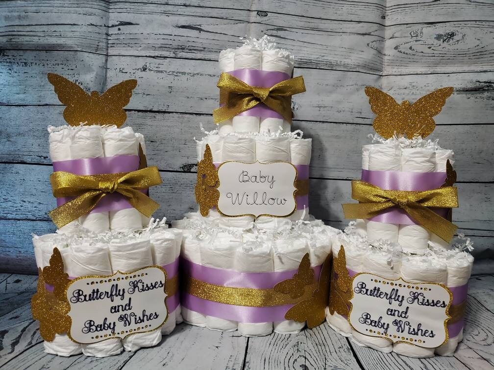 purple and gold diaper cake