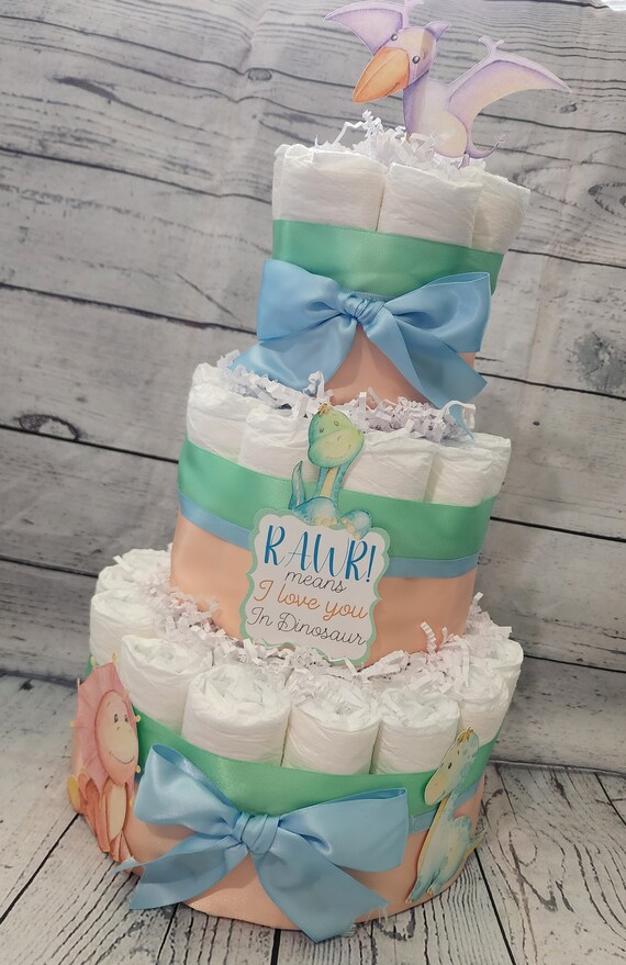 3 Tier Diaper Cake - Dinosaur Theme - Blue and Green Peach Dino Baby Shower Centerpiece Virtual Baby Shower RAWR Means Love