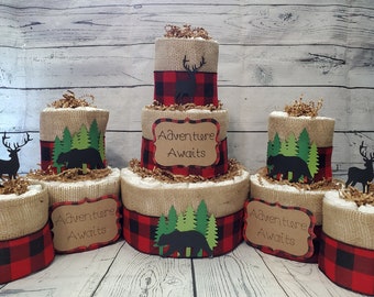 3 Tier Diaper Cake 5 piece set - Adventure Awaits Woodland Theme - Red and Black Buffalo Check Bear and Deer Baby Shower Centerpiece