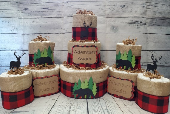 3 Tier Diaper Cake 5 piece set - Adventure Awaits Woodland Theme - Red and Black Buffalo Check Bear and Deer Baby Shower Centerpiece