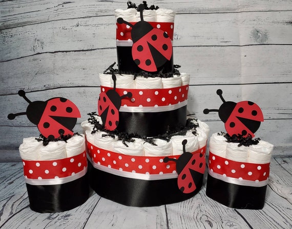 3 Tier Diaper Cake and mini 3 piece set - Lady Bug  Theme - Red and Black Polka Dot Baby Shower Centerpiece
