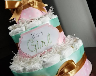 Pink Mint and Gold Girl Diaper Cake – 3 Tier, 50 Diapers
