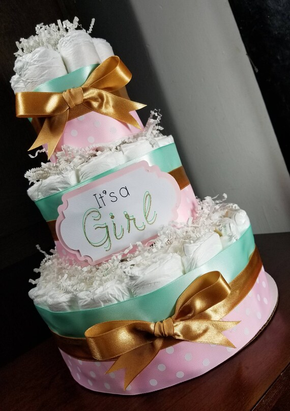 Pink Mint and Gold Diaper Cake - 3 Tier Diaper Cake -  Total of 50 Diapers