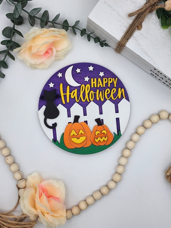 Happy Halloween Black Cat and Pumpkins - 6" Round INSERT ONLY - Spooky Halloween Sign, Home Decor, Signs for Interchangeable Round Frame