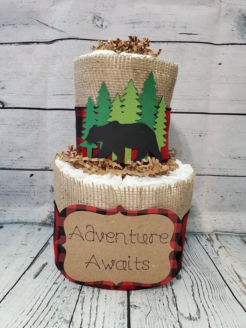 Adventure Awaits Woodland Theme 2 Tier Diaper Cake Red and Black Buffalo Check Bear and Deer Baby Shower Centerpiece