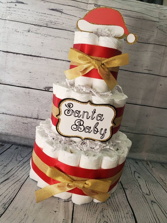 3 Tier Diaper Cake - Santa Baby Theme Red and Gold and White and Red - Winter Theme Christmas Xmas Baby Shower Centerpiece